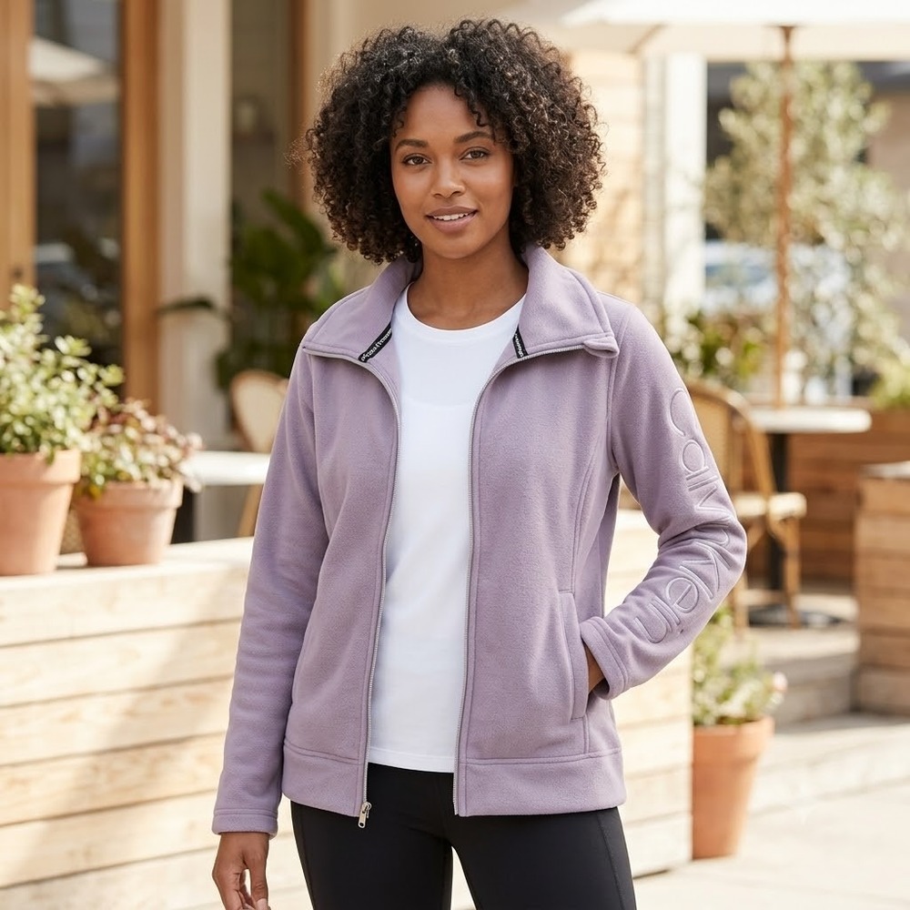 Calvin Klein Performance Womens Fleece Full Zip Jacket w Sleeve Design Purple L